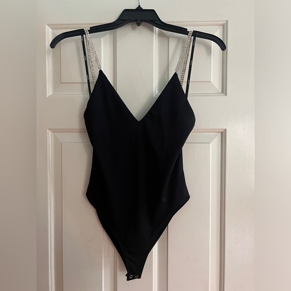 Forever 21 Black Satin Stretch Rhinestone Strap V-Neck Bodysuit - Picture 5 of 5